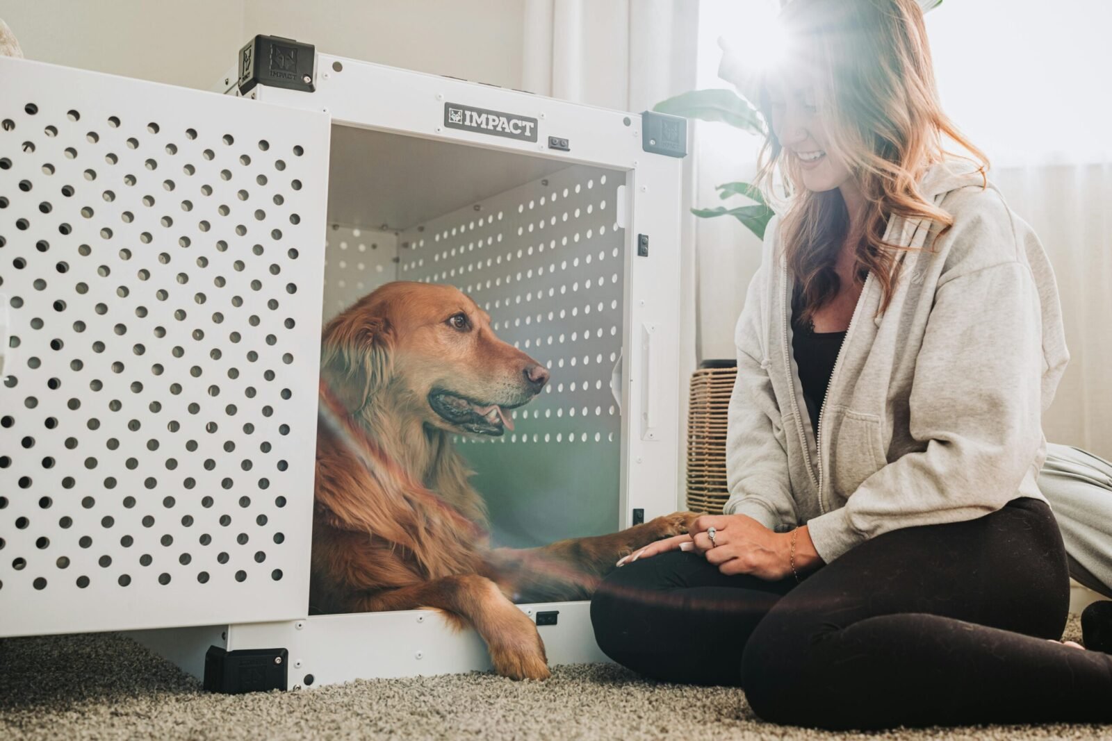 A woman and a golden retriever bonding next to a dog crate in a cozy living room setting.